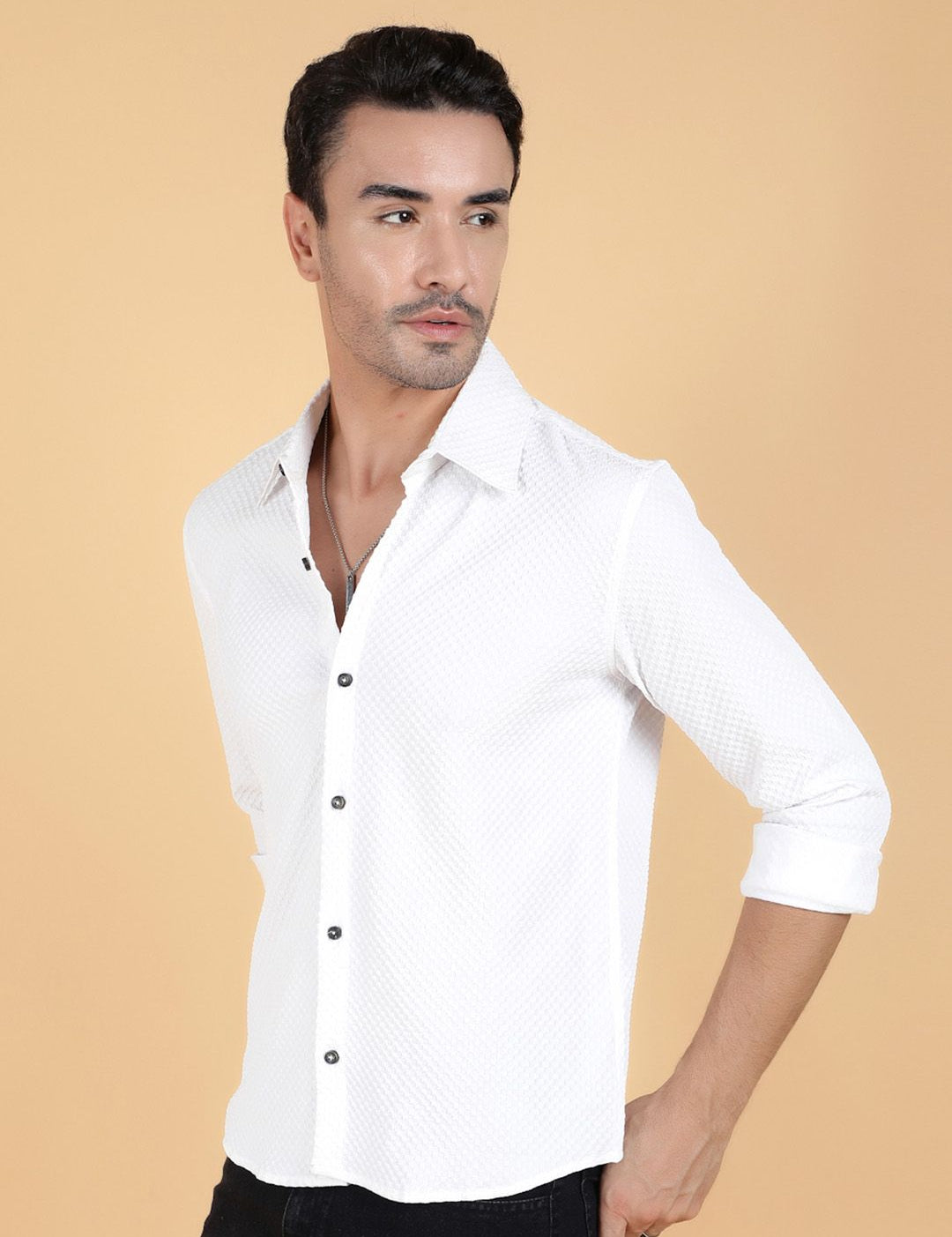 Kotty Men Relaxed Spread Collar Textured Cotton Casual Shirt