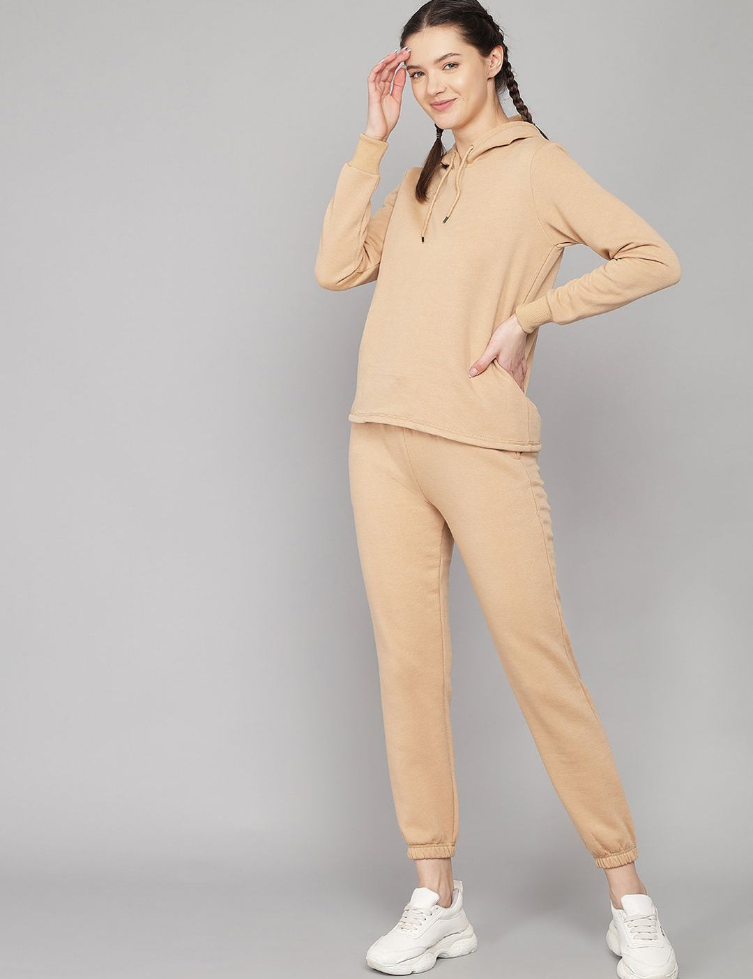Kotty Women Beige Solid Sweatshirt With Sweatpant