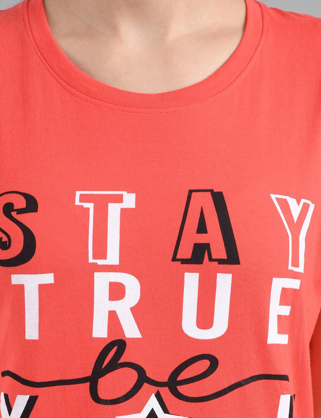 Kotty Women Orange Printed Round Neck Longline T-shirt