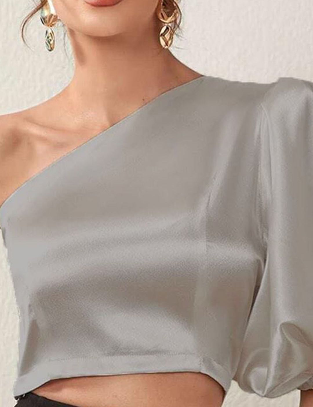 Kotty One Shoulder Puff Sleeve Satin Crop Top