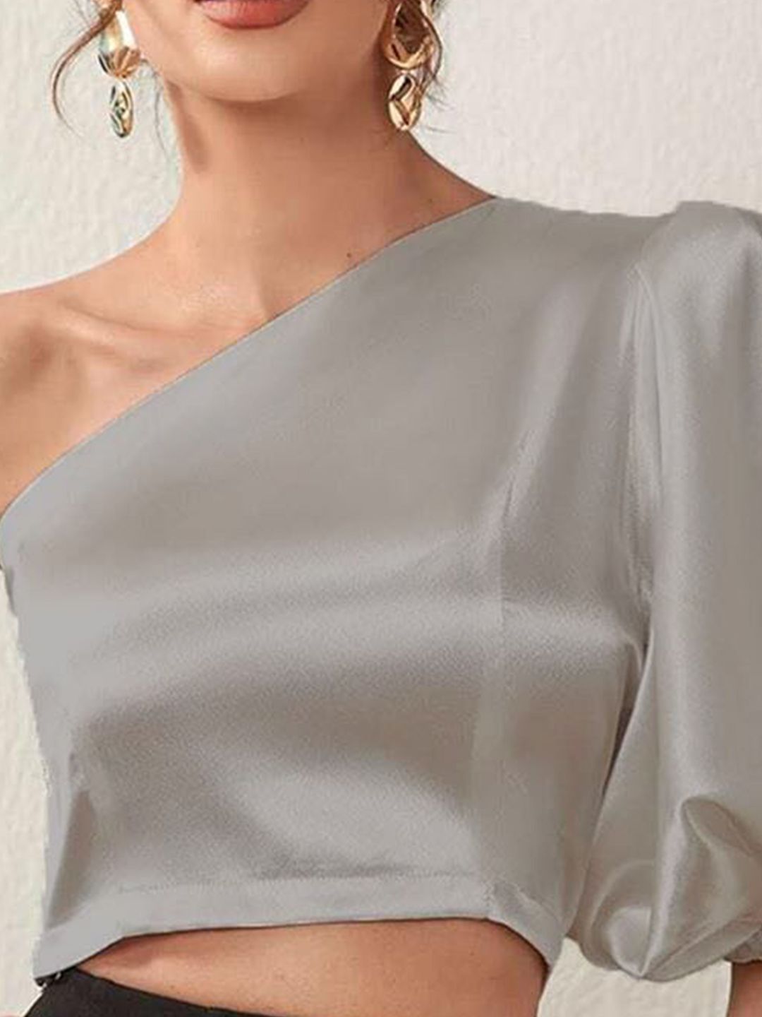 Kotty One Shoulder Puff Sleeve Satin Crop Top