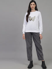 Kotty Women White Butterfly Printed Fleece Sweatshirt