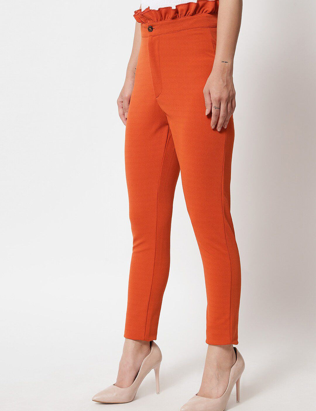 Kotty Women Orange Relaxed Straight Fit High-Rise Easy Wash Trousers