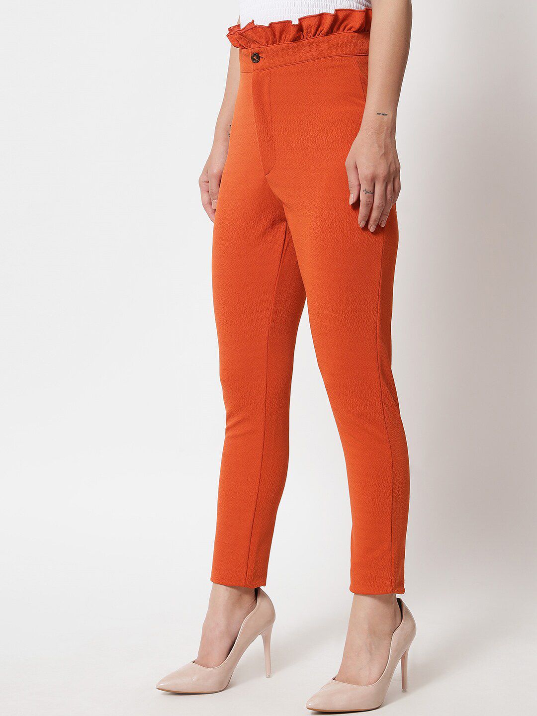 Kotty Women Orange Relaxed Straight Fit High-Rise Easy Wash Trousers