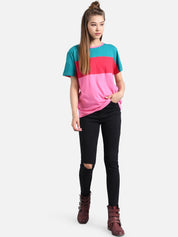 Kotty Women Pink & Green Colourblocked Round Neck T-shirt