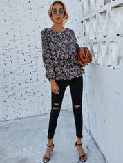 Kotty Blue Floral Printed Satin Cinched Waist Top