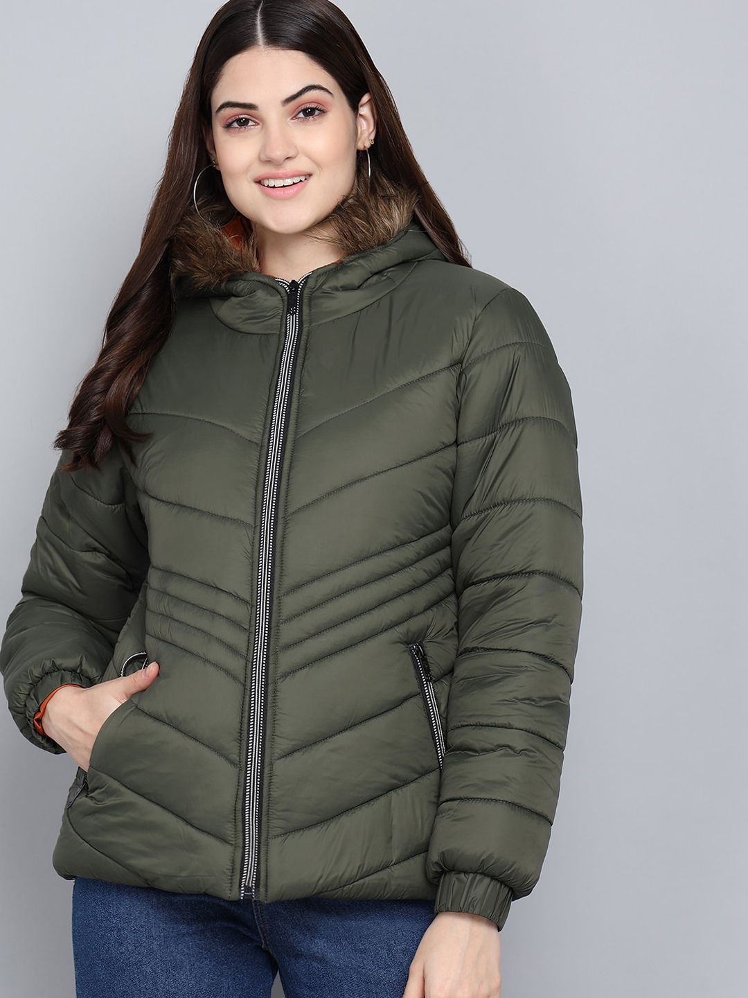 Kotty Women Olive Green Longline Outdoor Padded Jacket