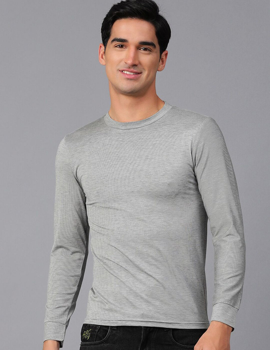 Kotty Grey Round Neck Long Sleeves Regular T-shirt