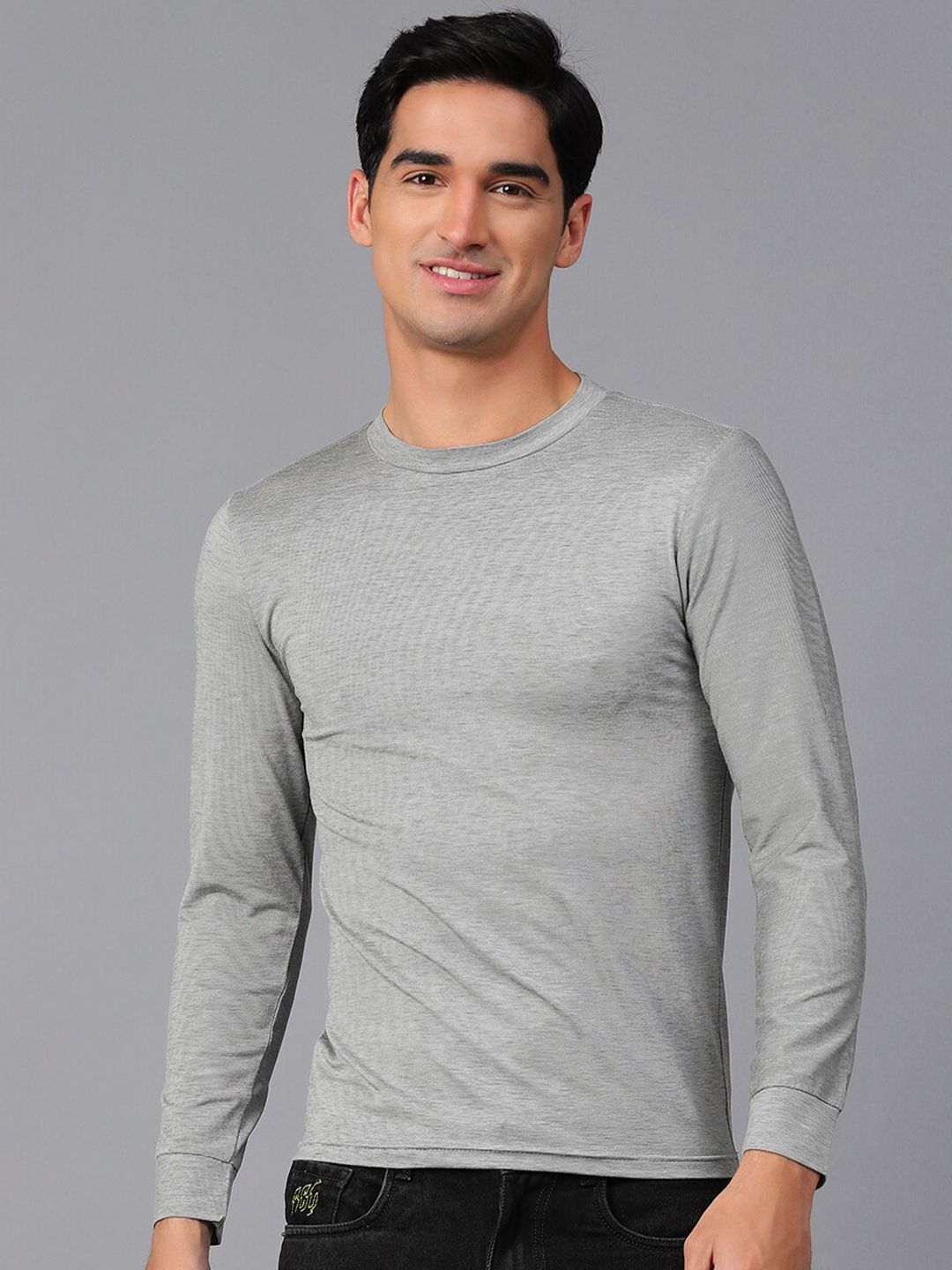Kotty Grey Round Neck Long Sleeves Regular T-shirt