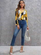 Kotty Yellow Geometric Printed Mandarin Collar Satin Top