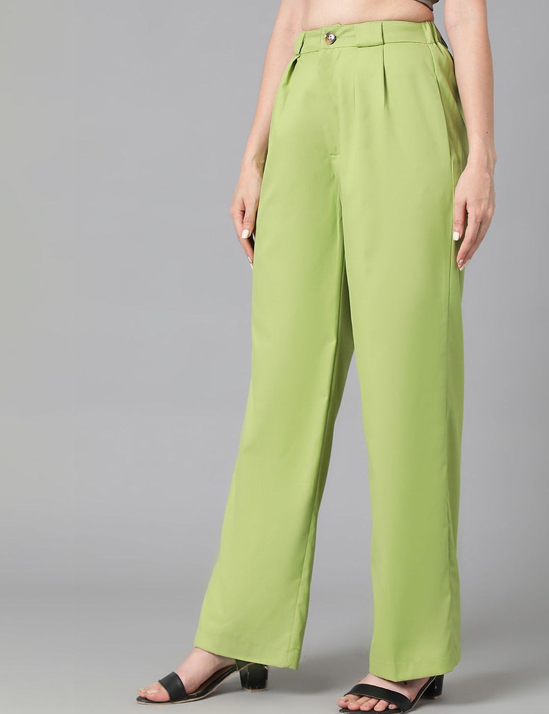 Kotty Women Green Relaxed Straight Leg High-Rise Easy Wash Pleated Parallel Trousers