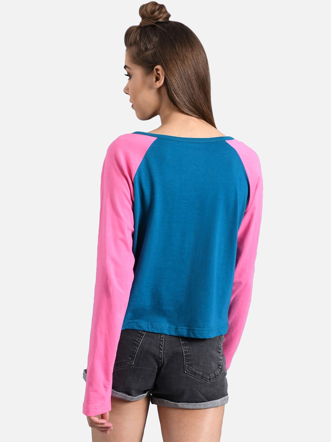 Kotty Women Navy Blue & Pink Colourblocked Boat Neck T-shirt