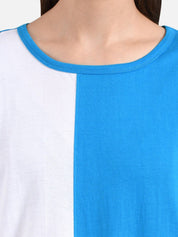Kotty Women White & Blue Colourblocked Round Neck T-shirt