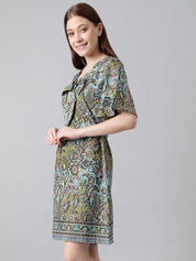 Kotty Blue & Green Ethnic Motifs Printed Tie-Up Neck Flared Sleeves A-Line Dress