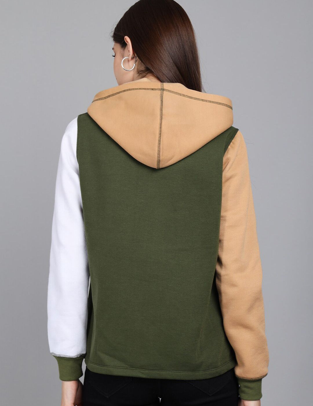 Kotty Women Beige Colourblocked Hooded Sweatshirt