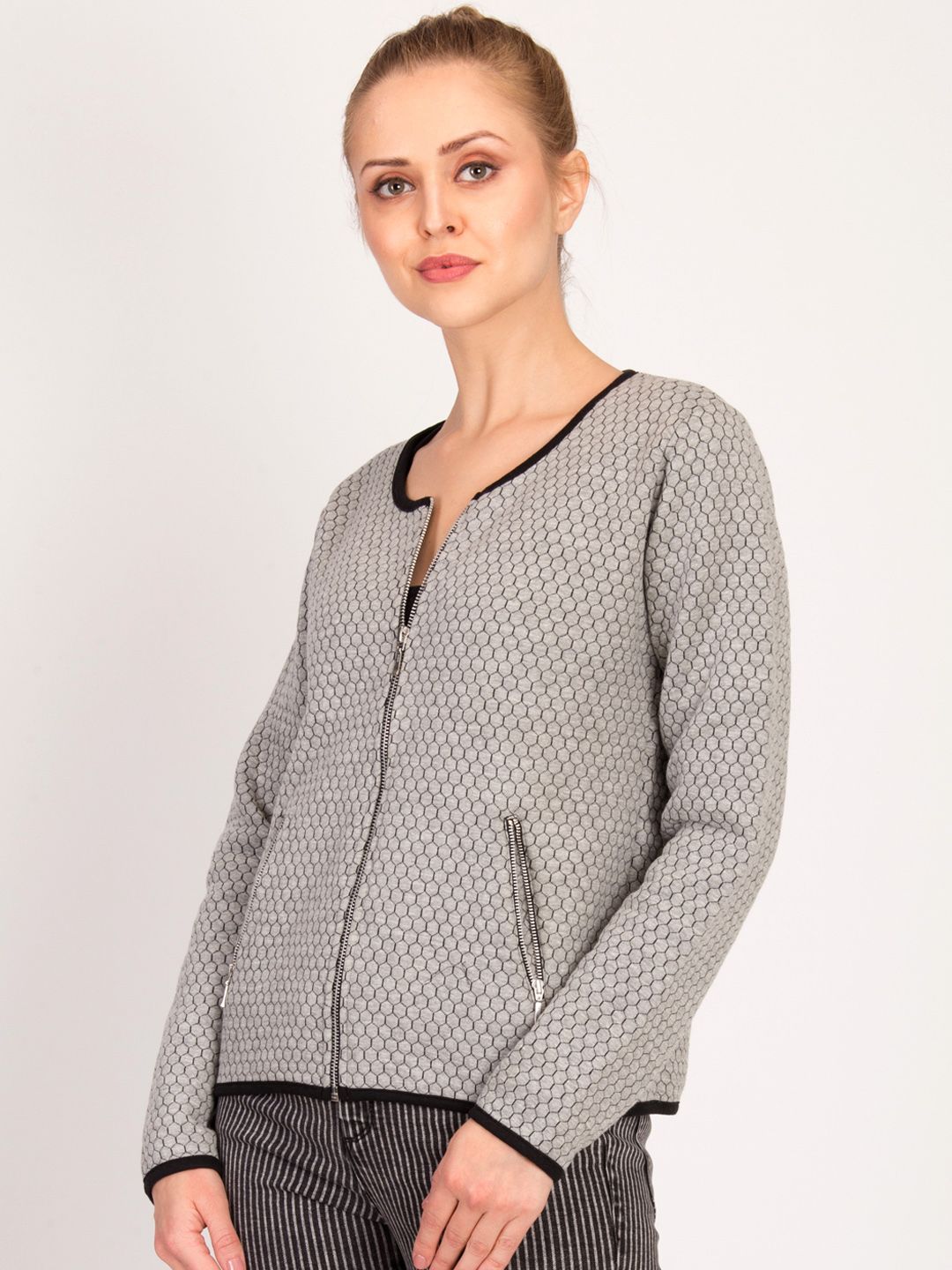 Kotty Women Grey Self Design Tailored Jacket