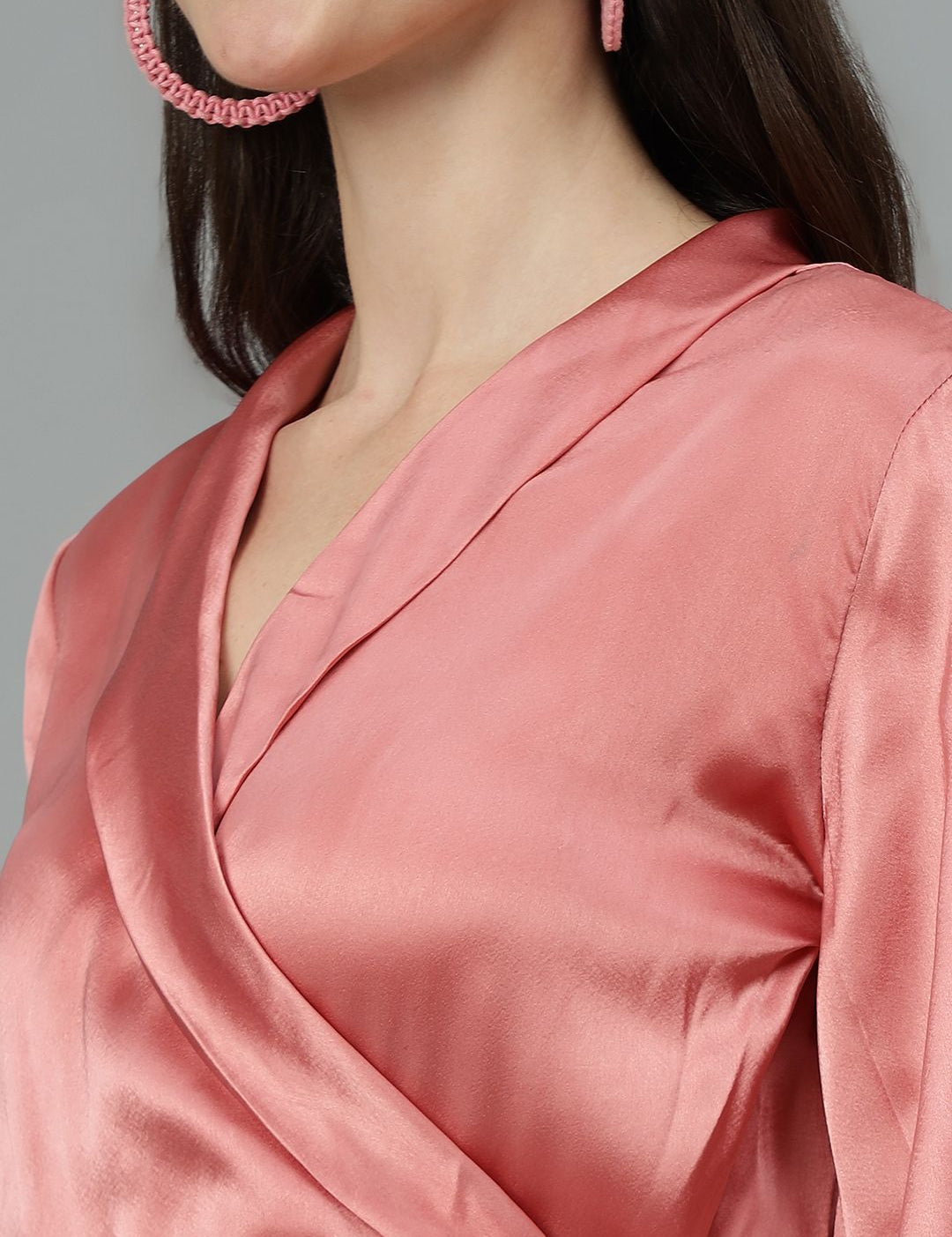 Kotty Cuffed Sleeves Pleated Satin Wrap Dress