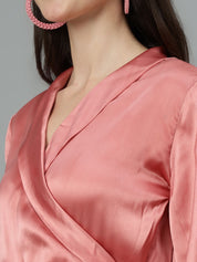 Kotty Cuffed Sleeves Pleated Satin Wrap Dress