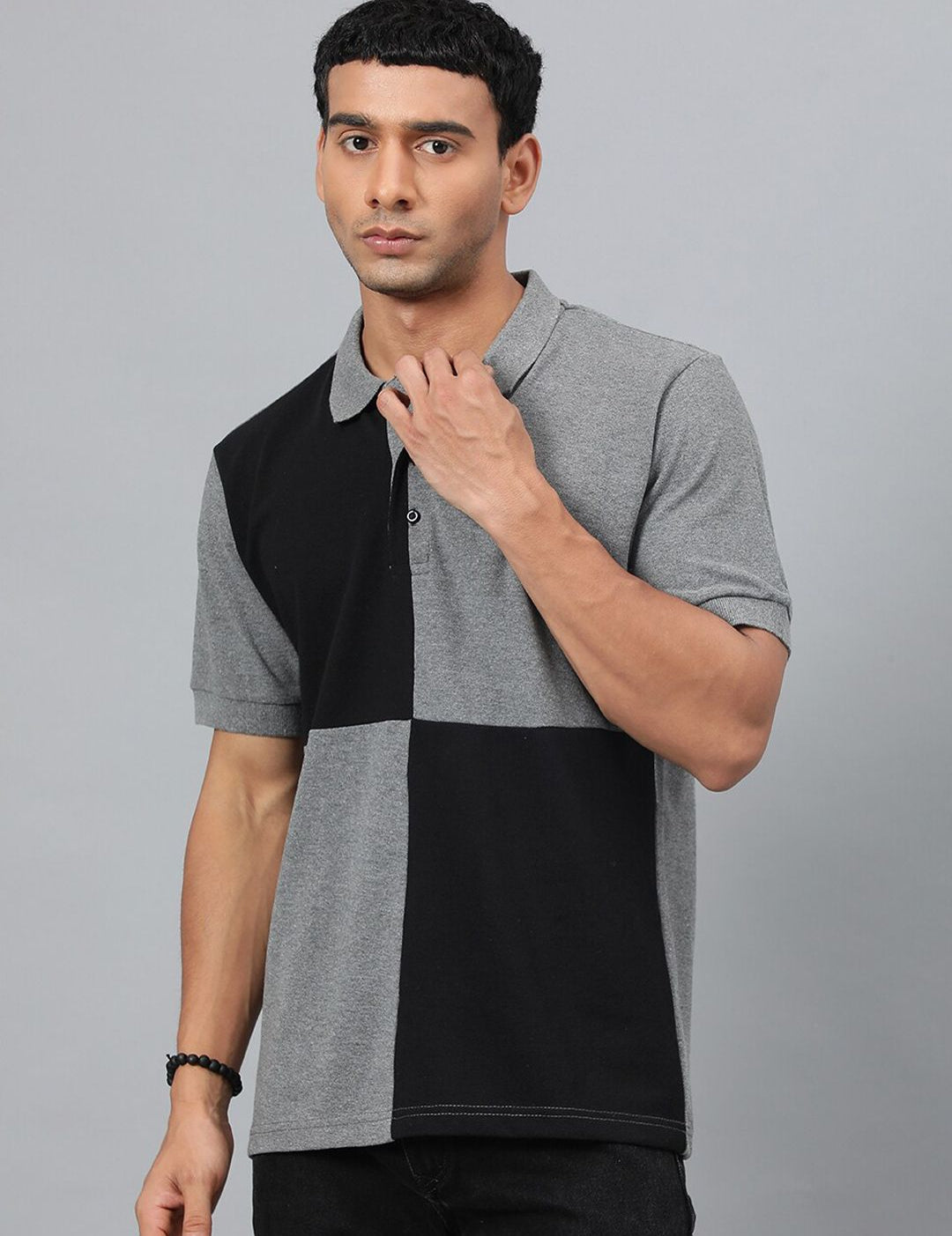 Kotty Grey & Black Colourblocked Polo Collar T-shirt