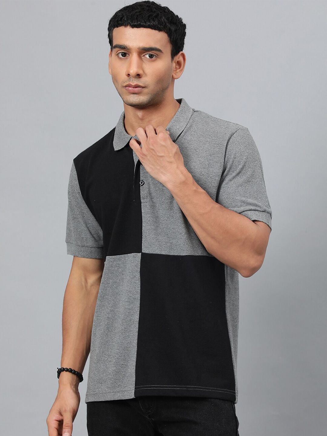Kotty Grey & Black Colourblocked Polo Collar T-shirt