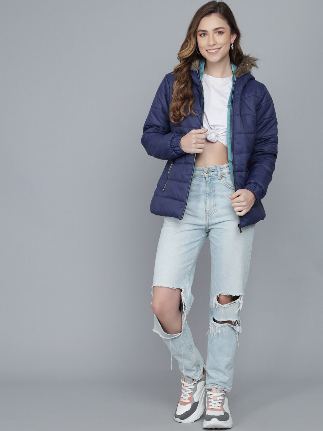 Kotty Women Navy Blue Lightweight Puffer Jacket