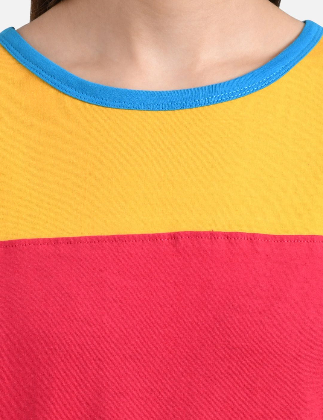 Kotty Women Blue & Yellow Colourblocked Round Neck T-shirt
