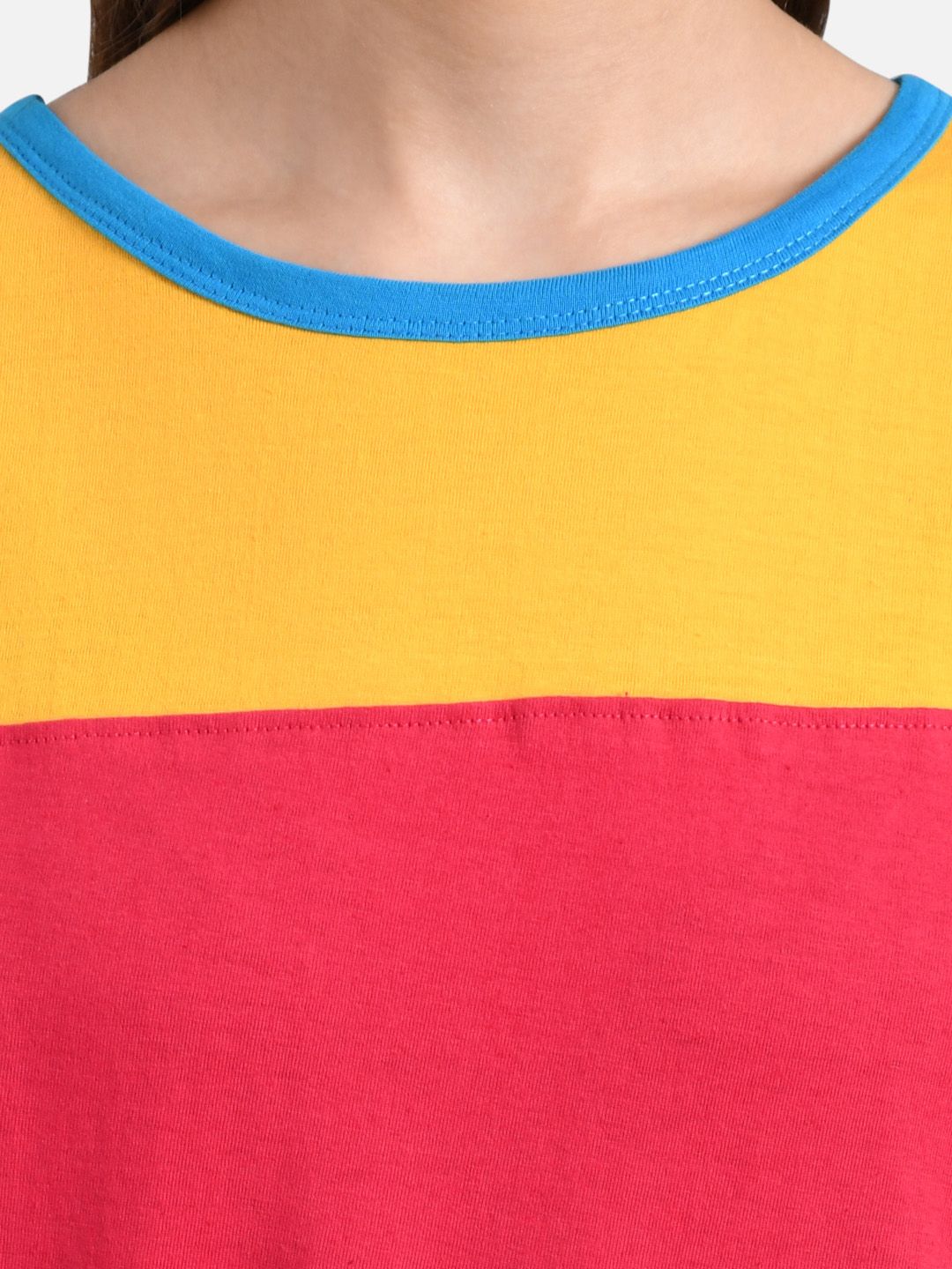 Kotty Women Blue & Yellow Colourblocked Round Neck T-shirt