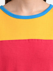 Kotty Women Blue & Yellow Colourblocked Round Neck T-shirt