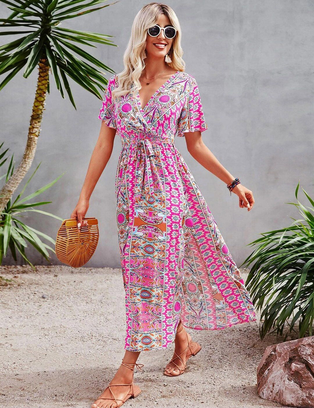 Kotty Floral Printed V-Neck Wrap Maxi Dress