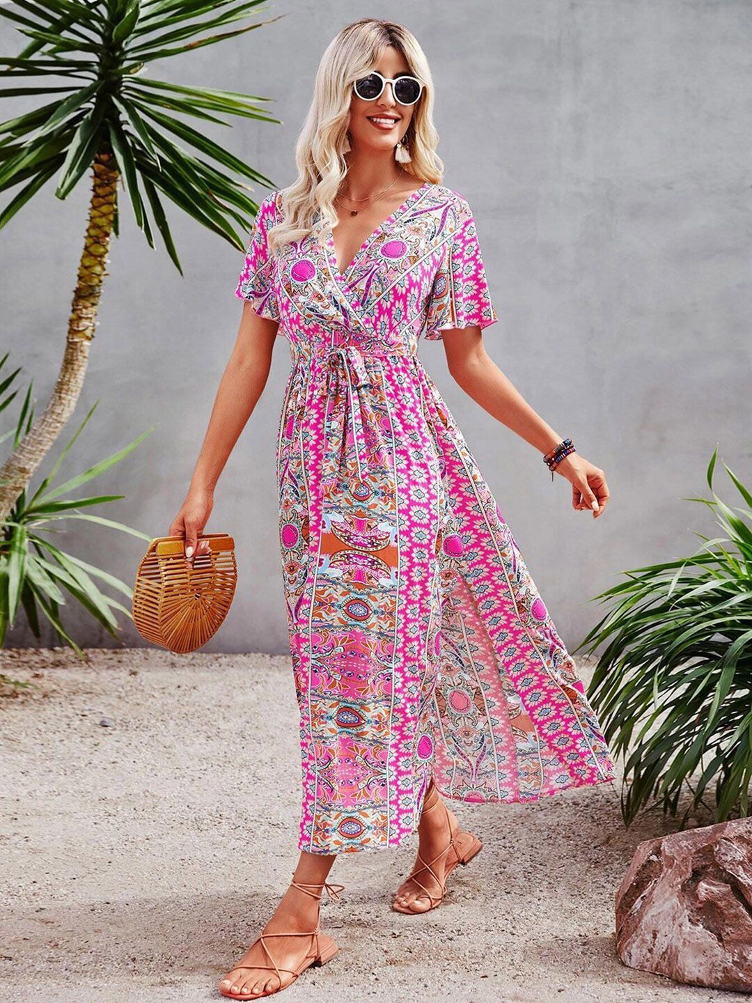 Kotty Floral Printed V-Neck Wrap Maxi Dress