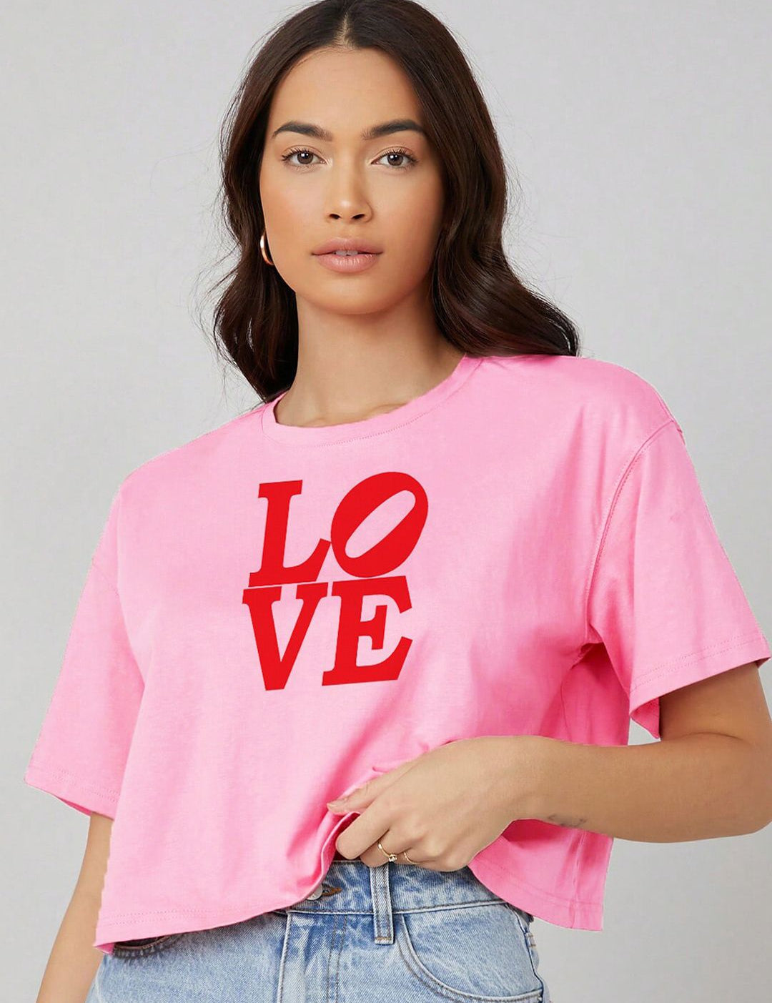 Kotty Pink Typography Printed Drop-Shoulder Sleeves Cotton Oversized Crop T-shirt