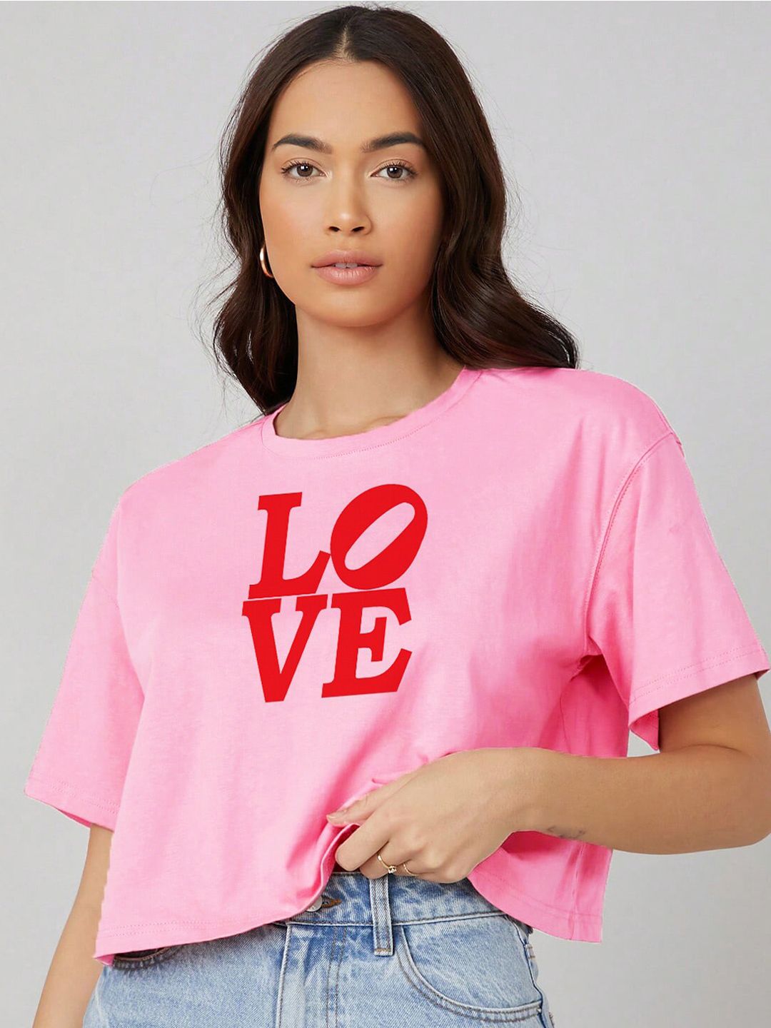 Kotty Pink Typography Printed Drop-Shoulder Sleeves Cotton Oversized Crop T-shirt