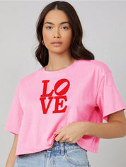 Kotty Pink Typography Printed Drop-Shoulder Sleeves Cotton Oversized Crop T-shirt
