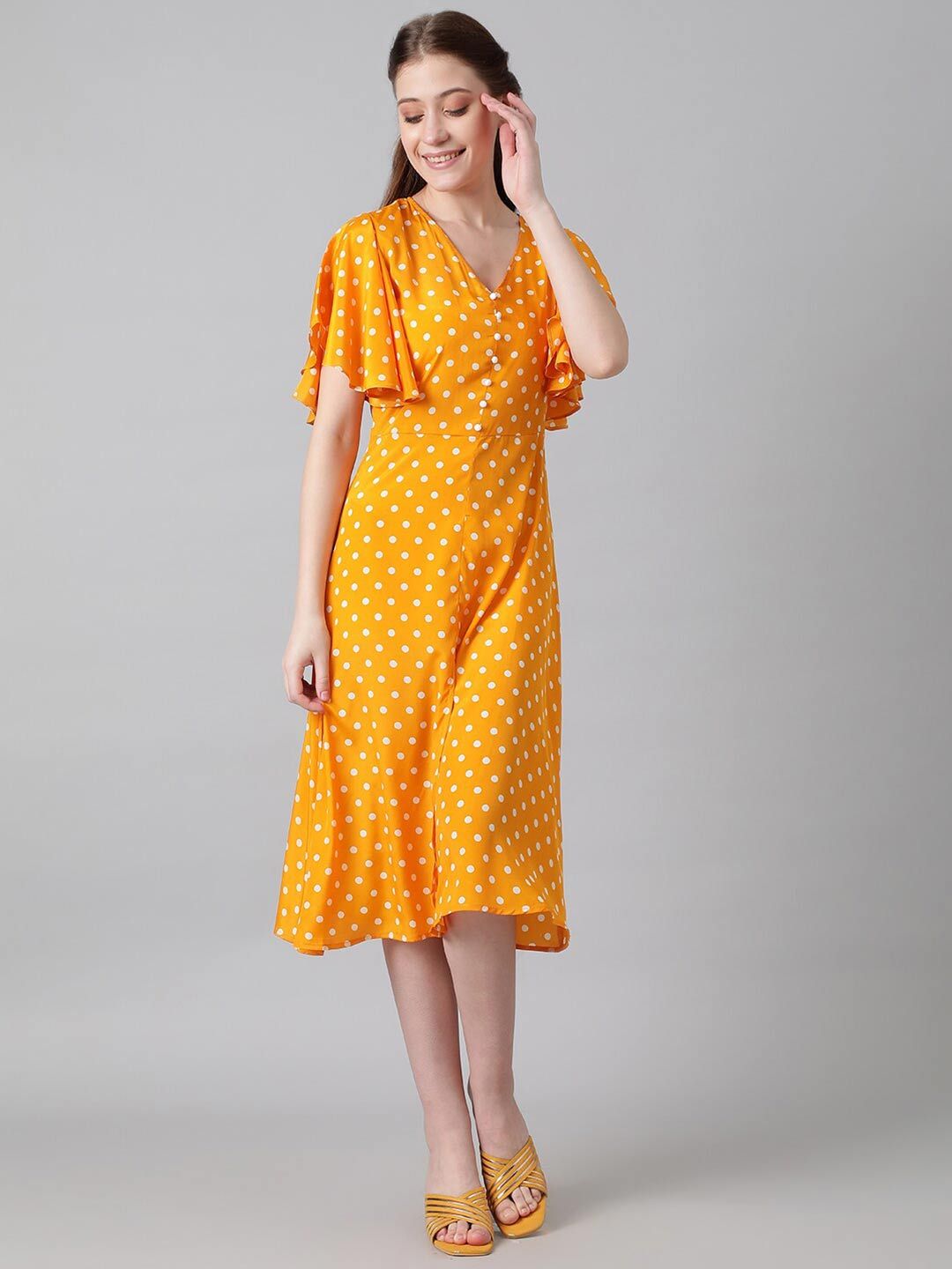 Kotty Yellow & White Polka Dots Printed Flared Sleeves A-Line Midi Dress
