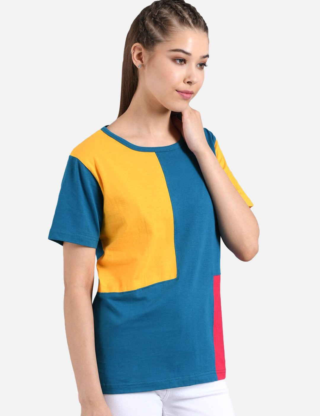 Kotty Women Yellow Colourblocked Round Neck T-shirt
