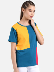 Kotty Women Yellow Colourblocked Round Neck T-shirt