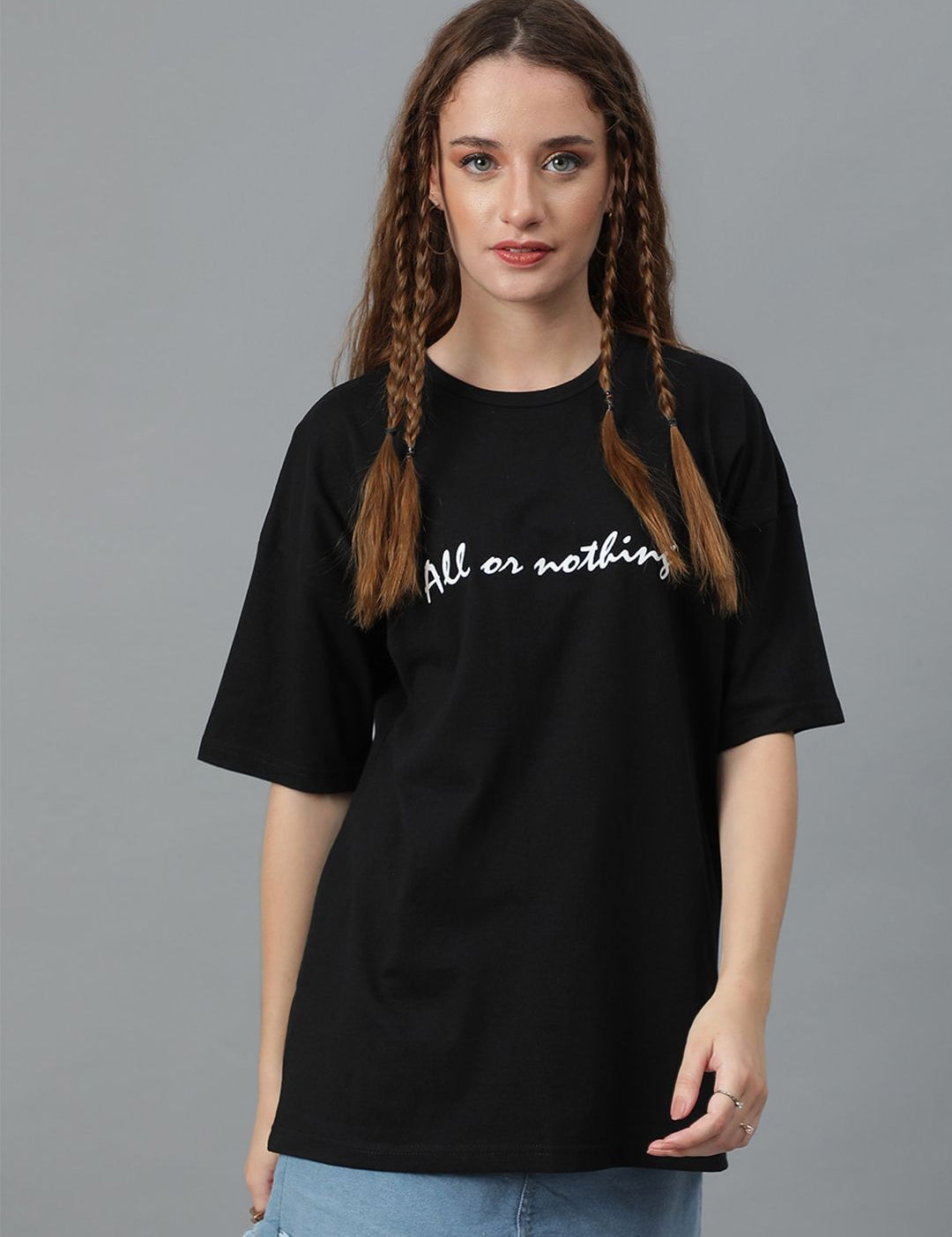 Kotty Typography Printed Round Neck  Drop-Shoulder Sleeves Pure Cotton Oversized T-shirt