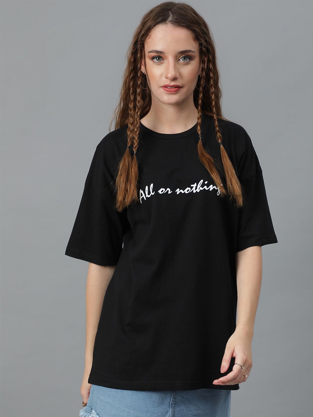 Kotty Typography Printed Round Neck  Drop-Shoulder Sleeves Pure Cotton Oversized T-shirt