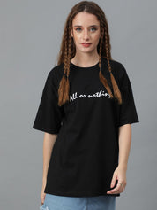 Kotty Typography Printed Round Neck  Drop-Shoulder Sleeves Pure Cotton Oversized T-shirt