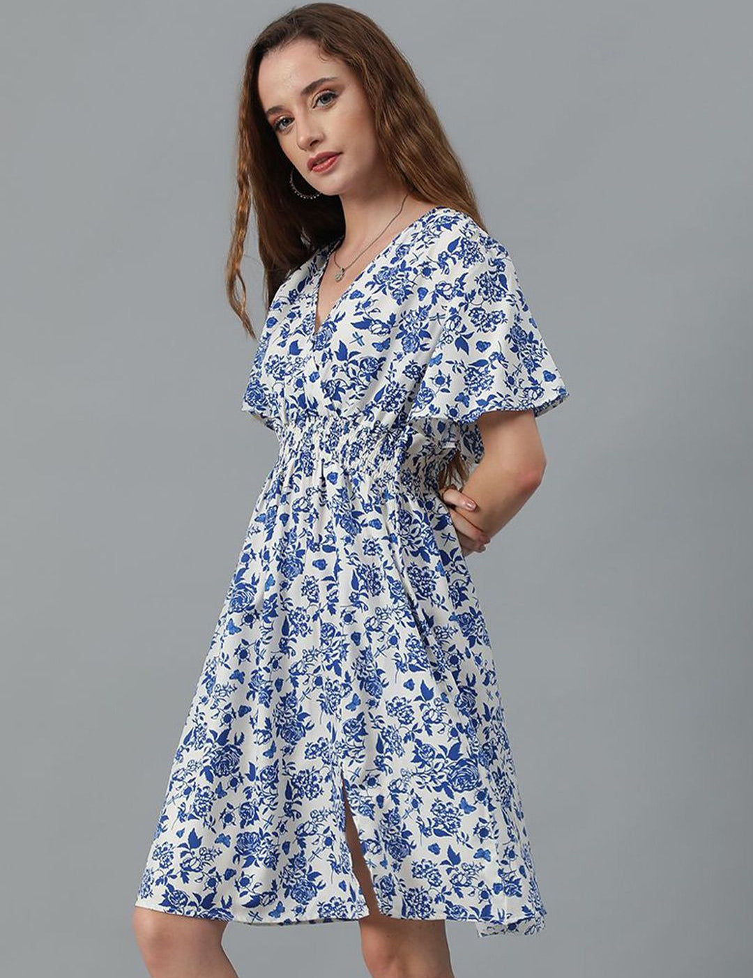 Kotty Blue Floral Printed Flared Sleeve Fit & Flare Dress
