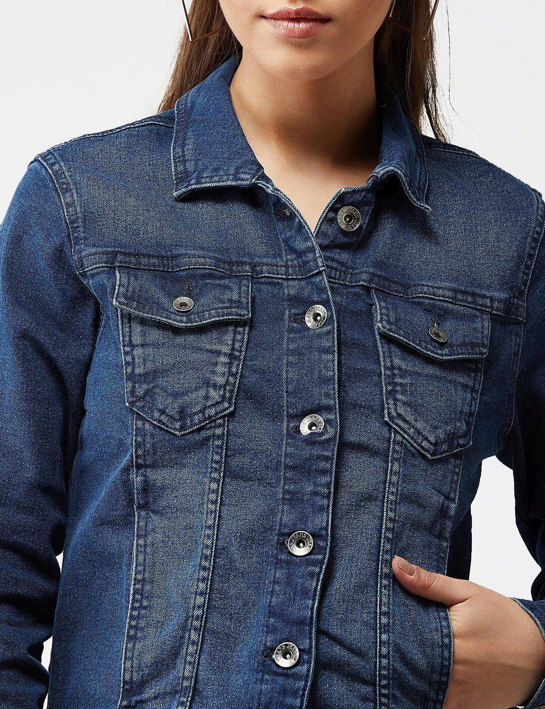 Kotty Women Navy Blue Solid Denim Jacket