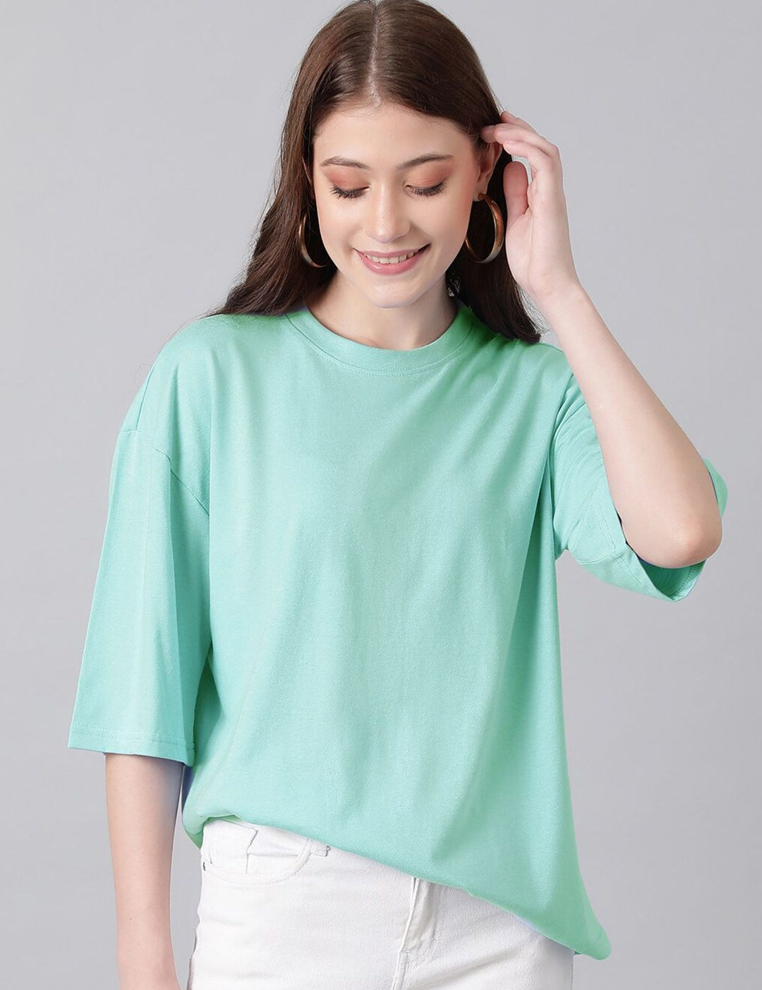 KOTTY Basics Round Neck Drop-Shoulder Sleeves Oversized Fit Cotton T-Shirt