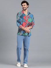 Kotty Blue & Green New Floral Printed Relaxed Fit Casual Shirt