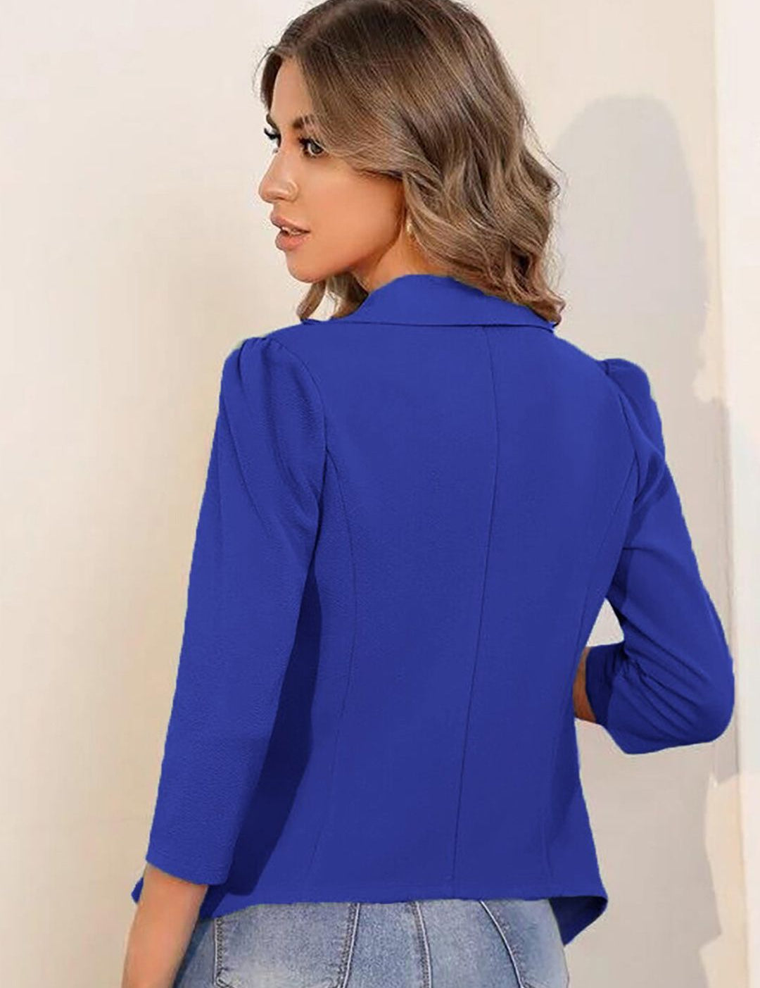 Kotty Blue Shawl Collar Puff Sleeves Open Front Jacket
