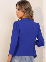 Kotty Blue Shawl Collar Puff Sleeves Open Front Jacket