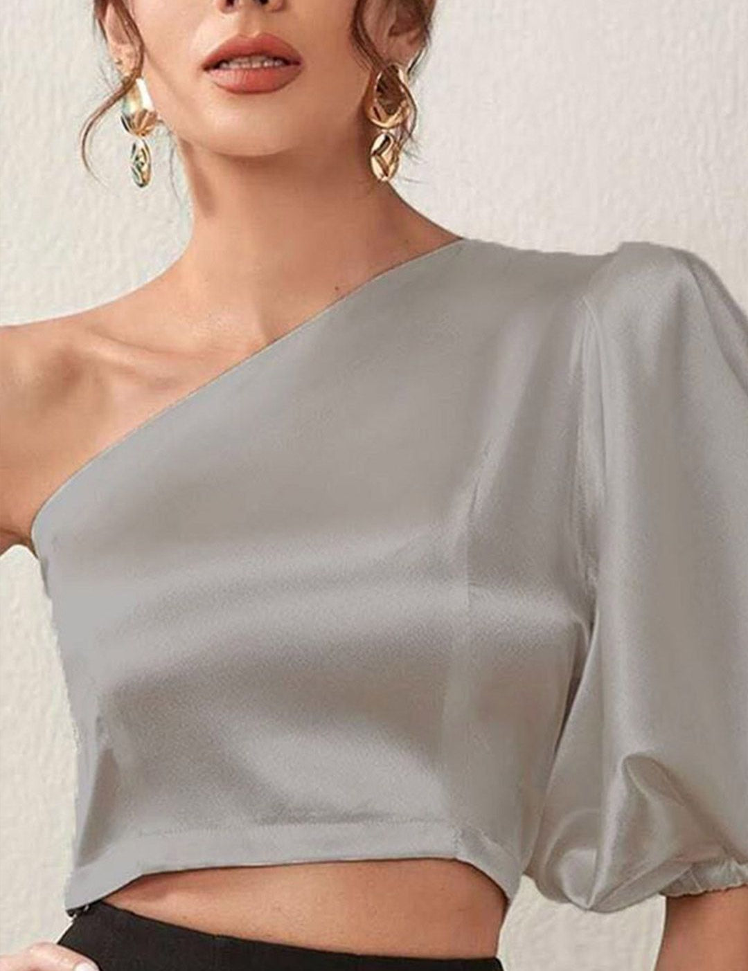 Kotty Grey One Shoulder Puff Sleeve Satin Crop Top