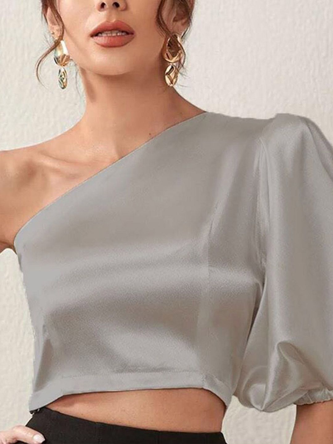 Kotty Grey One Shoulder Puff Sleeve Satin Crop Top