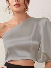 Kotty Grey One Shoulder Puff Sleeve Satin Crop Top