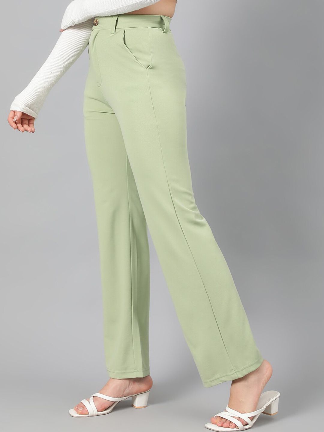 KOTTY BIZwear Women Green High-Rise Relaxed Straight Leg Straight Fit Easy Wash Trousers