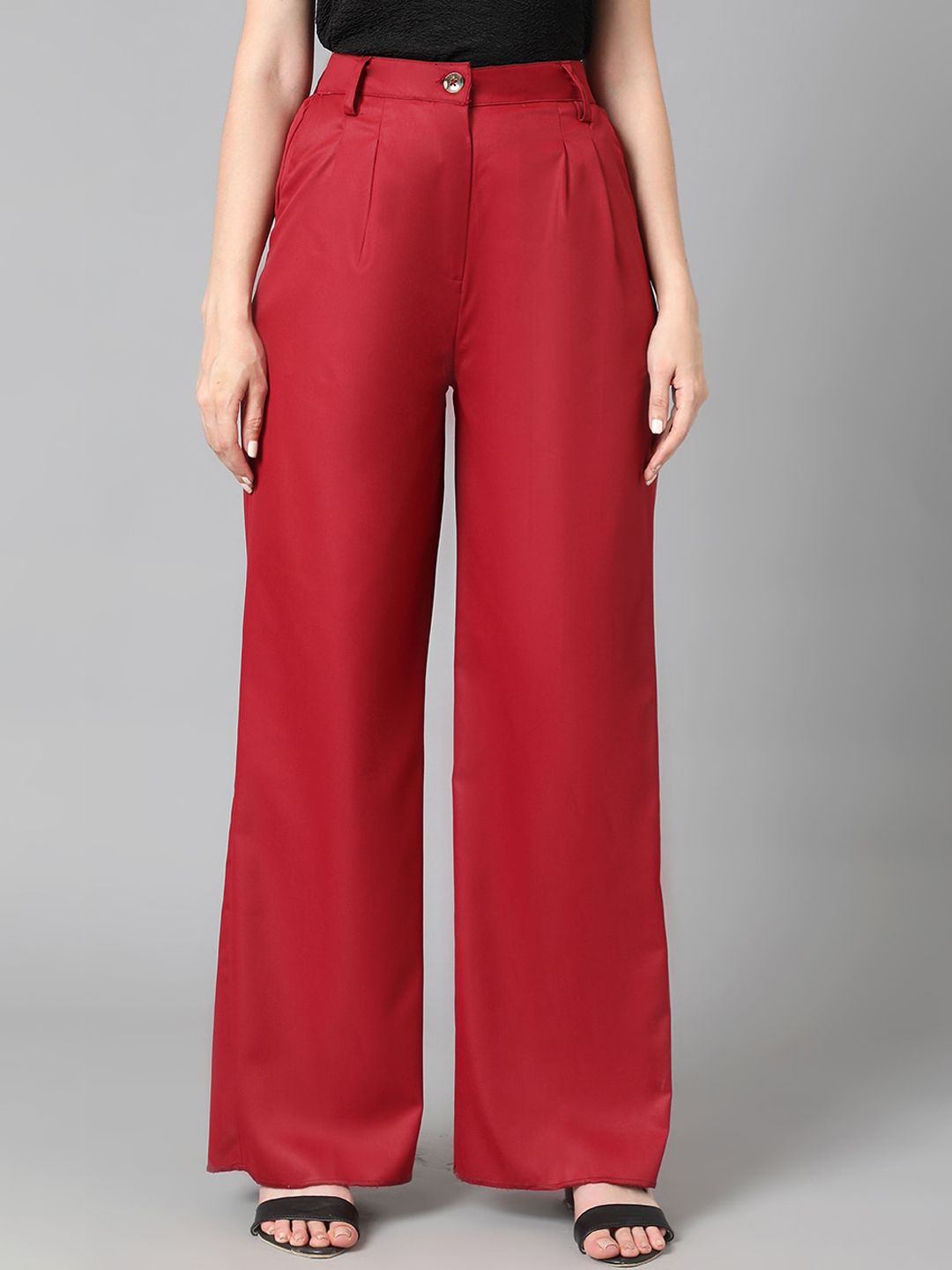 KOTTY BIZwear Women Maroon Relaxed Straight Leg Straight Fit High-Rise Easy Wash Pleated Trousers